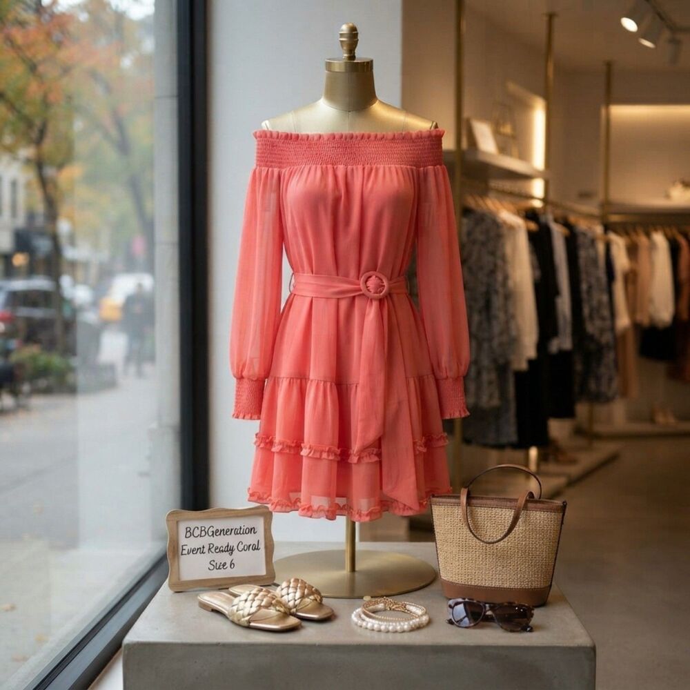 BCBGeneration Coral Off Shoulder Ruffle Mini Dress w/ Belt Size US 6 UK 10 Party